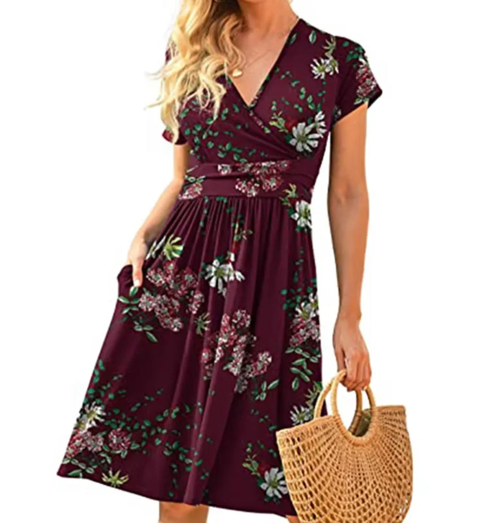 SAIDE™ | S199 DRESS - FLORAL PRINT V-NECK A-LINE MIDI DRESS WITH POCKETS