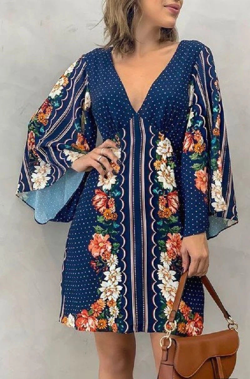 SAIDE™ | S67 DRESS - DEEP V-NECK LONG SLEEVE FLORAL A-LINE DRESS
