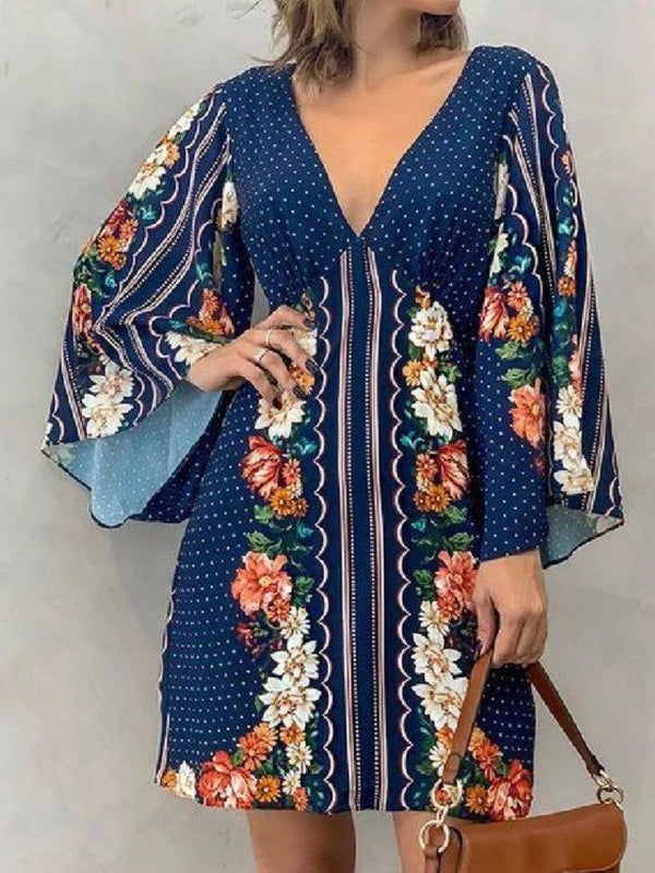 SAIDE™ | S67 DRESS - DEEP V-NECK LONG SLEEVE FLORAL A-LINE DRESS