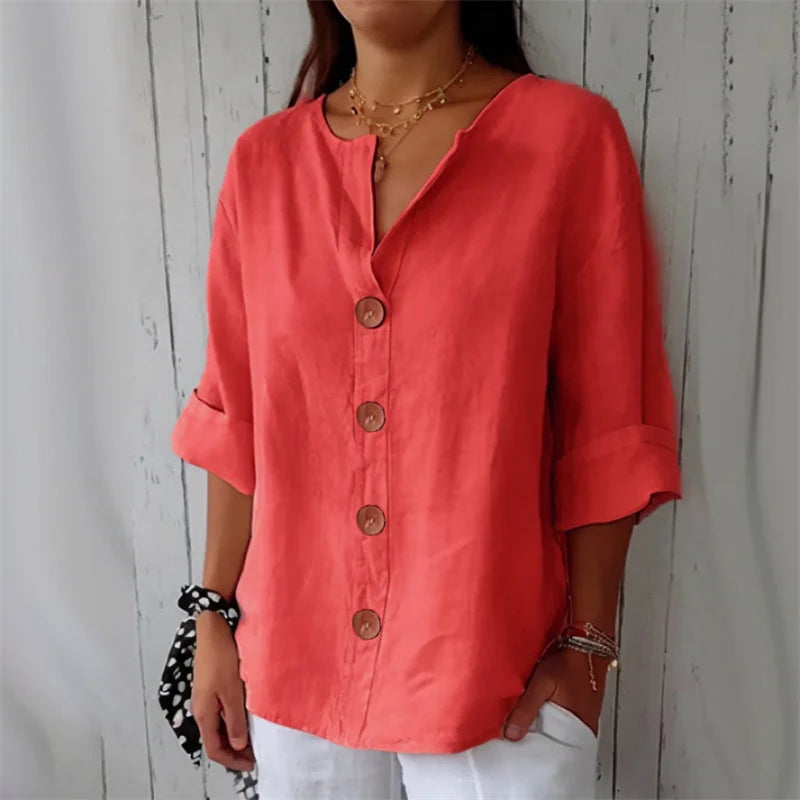 SAIDE™ | S114 SHIRT - V-NECK COTTON LINEN BUTTON TOP