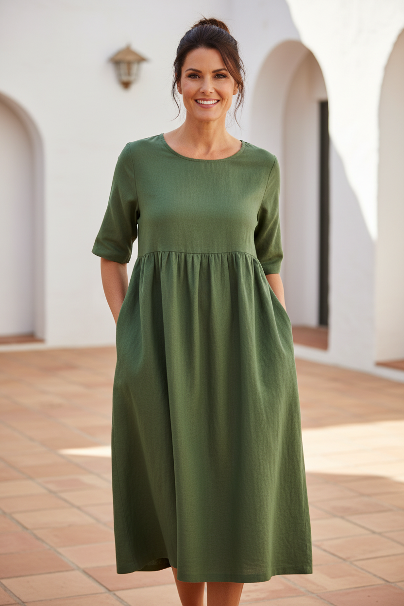 Army green cotton linen dress - realistic model