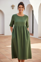 Army green cotton linen dress - realistic model