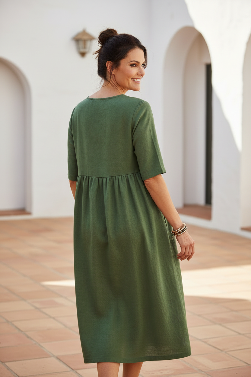 Back view - Army green dress with accessories