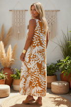 Back view - Beige tropical maxi dress bohemian background