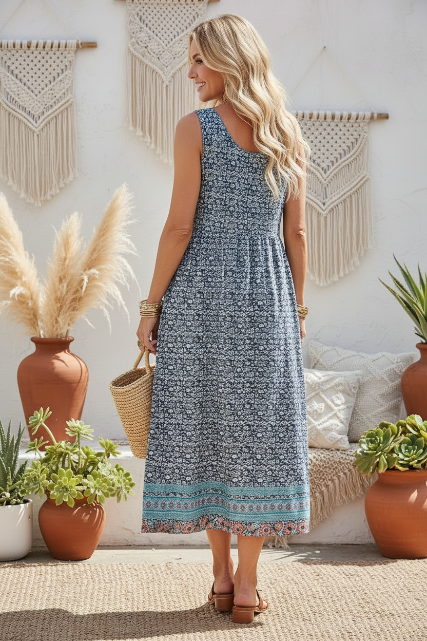 Back view - Blue floral dress bohemian
