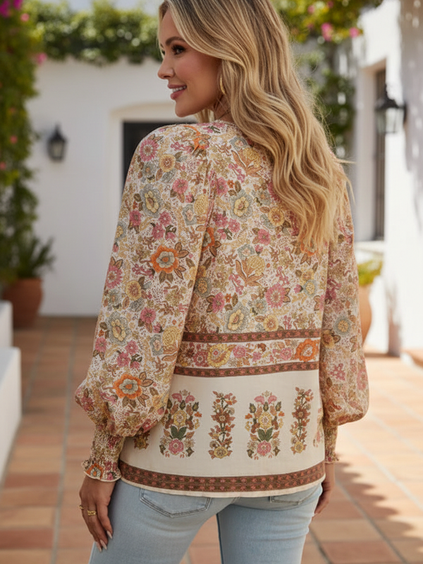 SAIDE™ | S17 BLOUSE - BOHEMIAN FLORAL V-NECK LONG SLEEVE BLOUSE