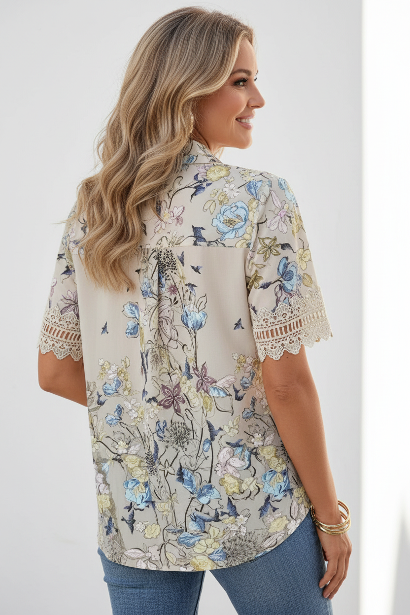 Back view - Cream floral blouse white wall background