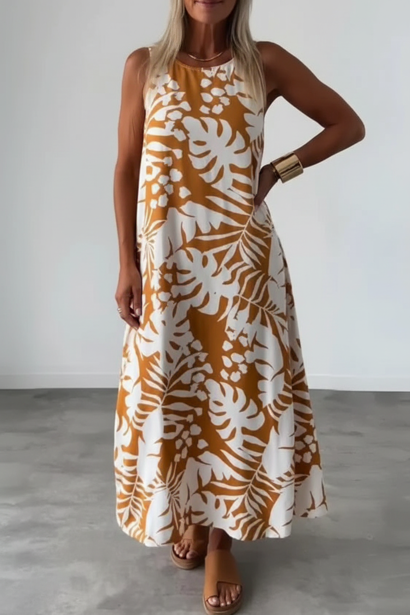 Beige tropical print maxi dress - different pose