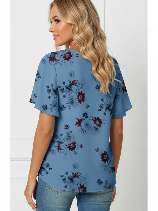 SAIDE™ | S92 T-SHIRT - WOMEN'S V-NECK FLOWER PRINT SHORT SLEEVE TOP