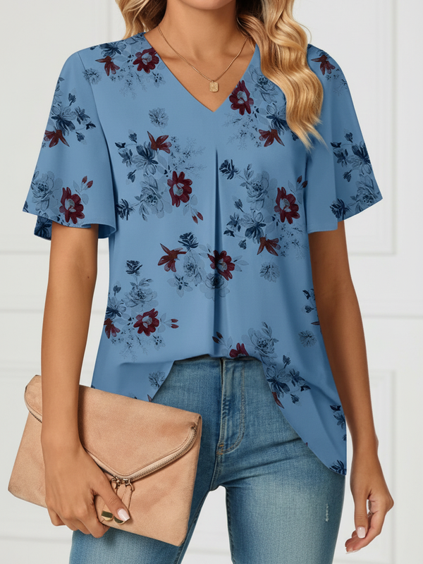 SAIDE™ | S92 T-SHIRT - WOMEN'S V-NECK FLOWER PRINT SHORT SLEEVE TOP