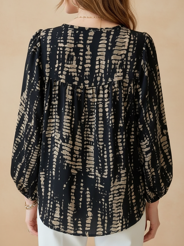 SAIDE™ | S112 TOP - PLUS SIZE STRIPED PRINTED V-NECK LONG SLEEVE SHIRT