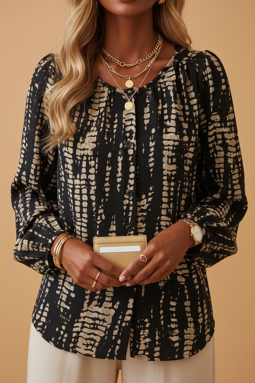 Boho Stripe Blouse – Front Clutch Pose