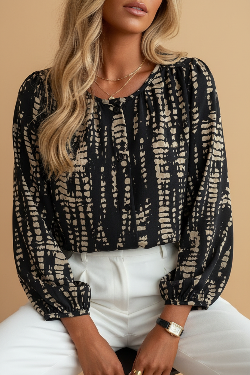 Boho Stripe Blouse – Mid-age Western Model Beige Background