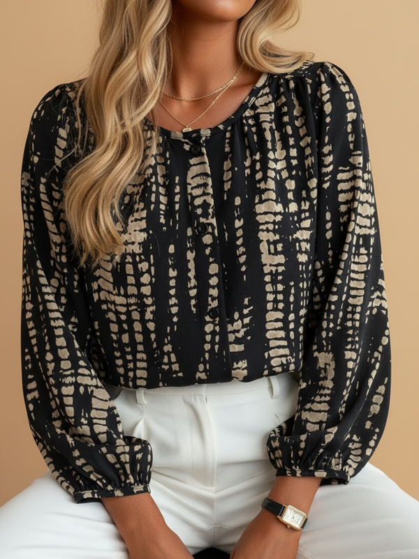 SAIDE™ | S112 TOP - PLUS SIZE STRIPED PRINTED V-NECK LONG SLEEVE SHIRT