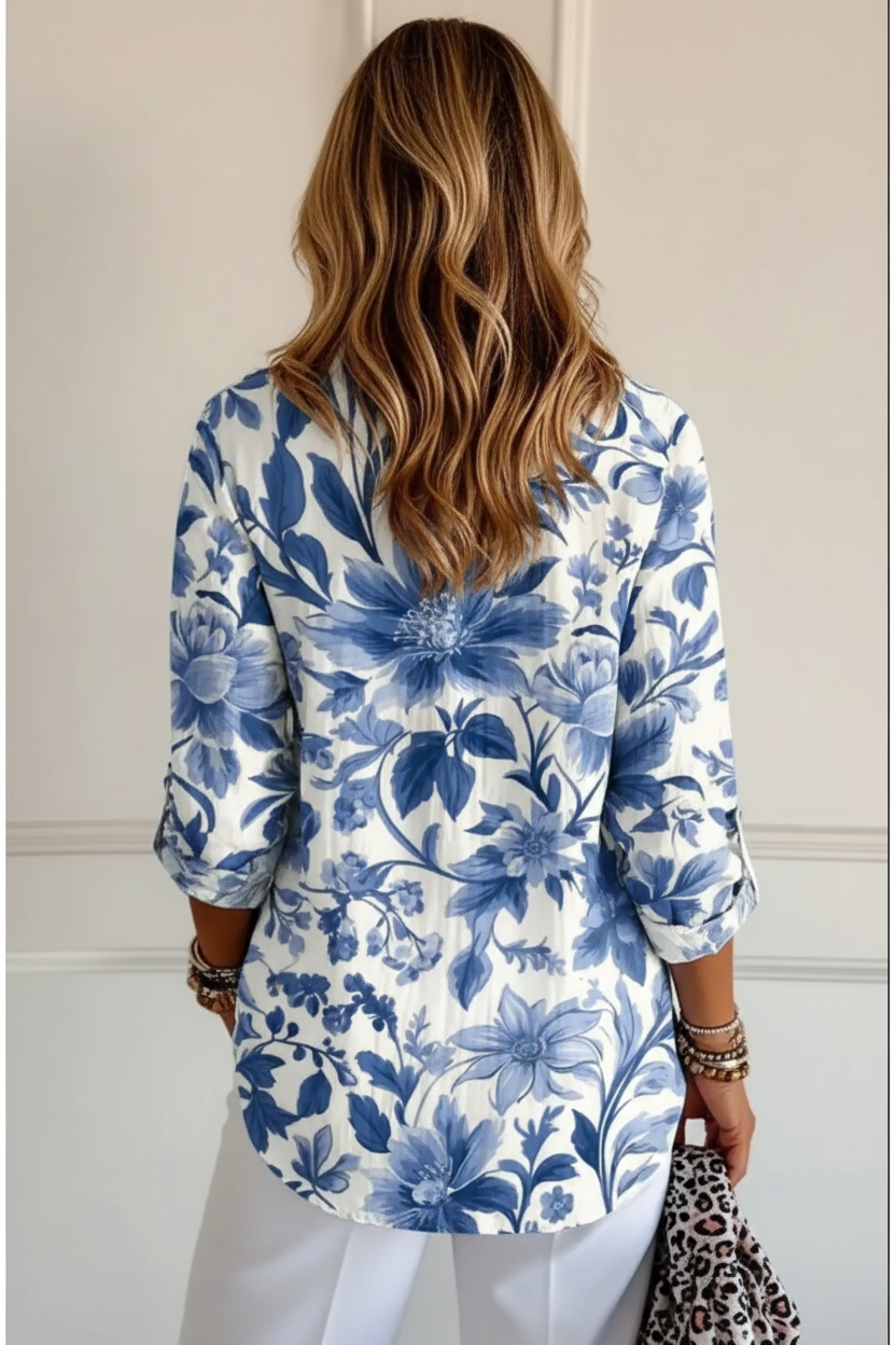 Editorial back view blue floral shirt