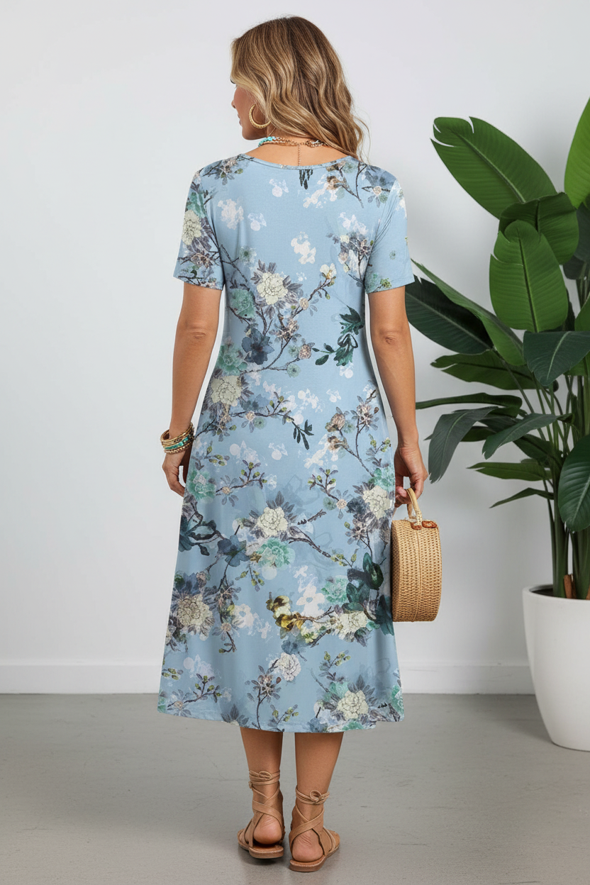 Editorial back view of blue chinoiserie floral dress