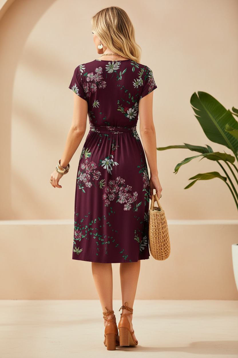Editorial back view of burgundy floral wrap dress