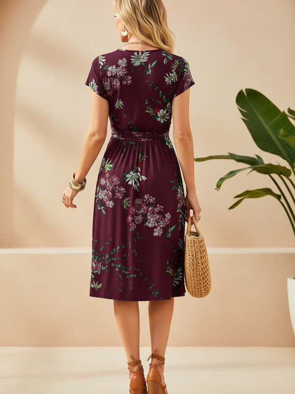 Hover view of SAIDE™ | S199 DRESS - FLORAL PRINT V-NECK A-LINE MIDI DRESS WITH POCKETS