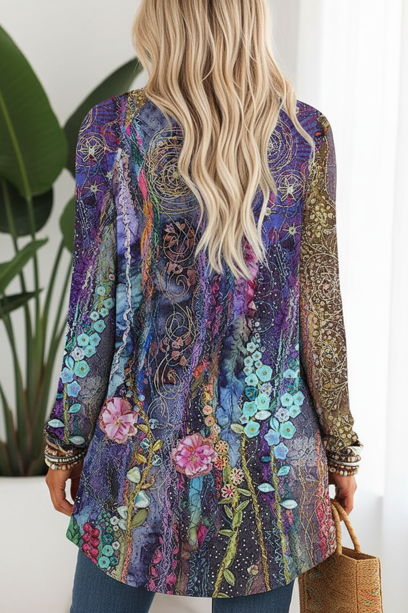 Editorial back view of purple abstract floral tunic