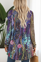 Editorial back view of purple abstract floral tunic