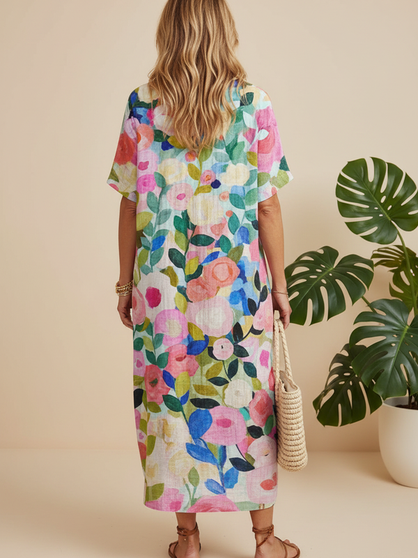Hover view of SAIDE™ | S201 DRESS - PRINT V-NECK SHORT SLEEVE LOOSE A-LINE MIDI DRESS