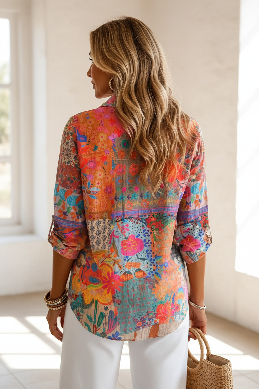 Editorial back view upper body of vibrant floral patchwork shirt