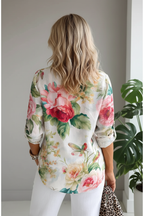 Editorial back view with indoor plant - watercolour peony shirt