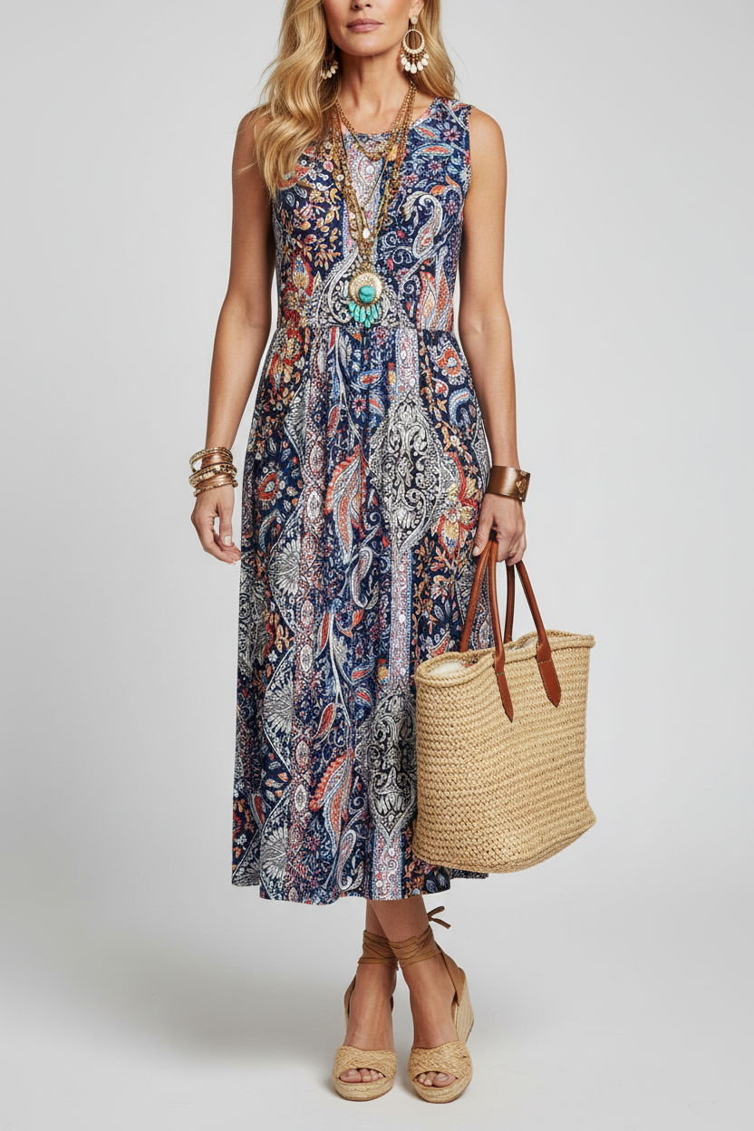 Editorial fashion photography front view of paisley print dress