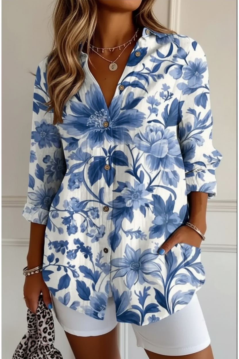 Editorial front view blue floral shirt
