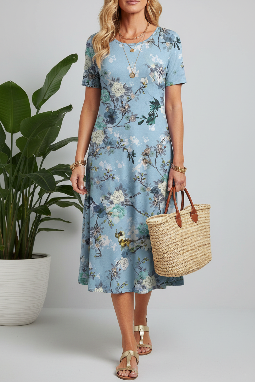 Editorial front view of blue chinoiserie floral dress