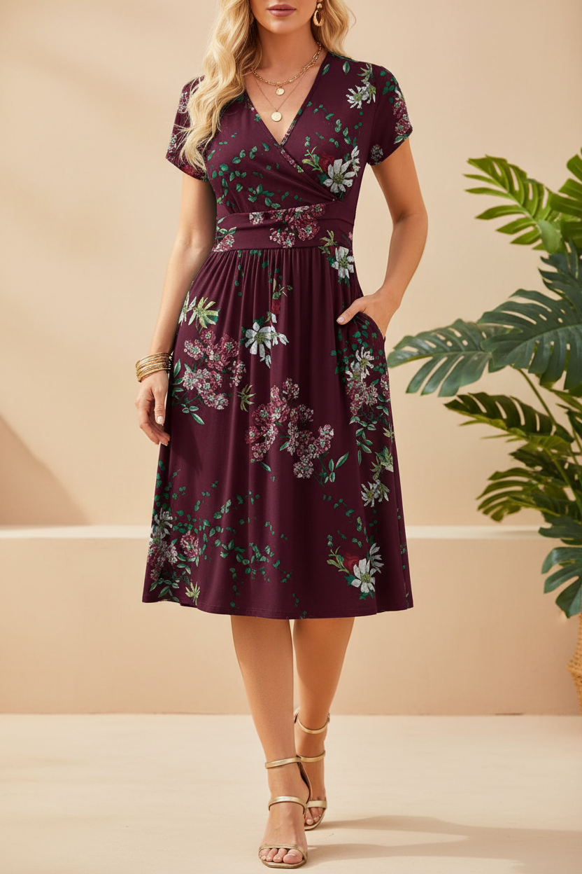 Editorial front view of burgundy floral wrap dress