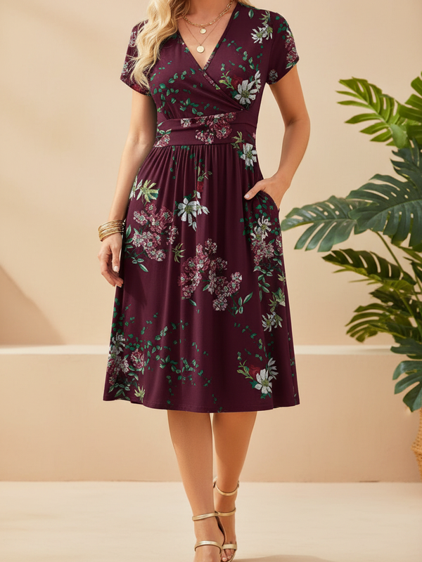 SAIDE™ | S199 DRESS - FLORAL PRINT V-NECK A-LINE MIDI DRESS WITH POCKETS