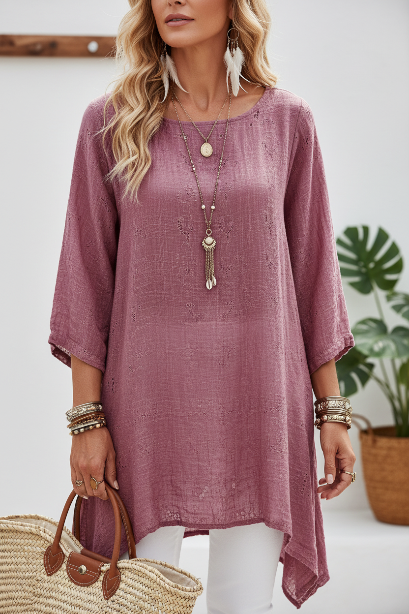 Editorial front view of see-through mauve tunic