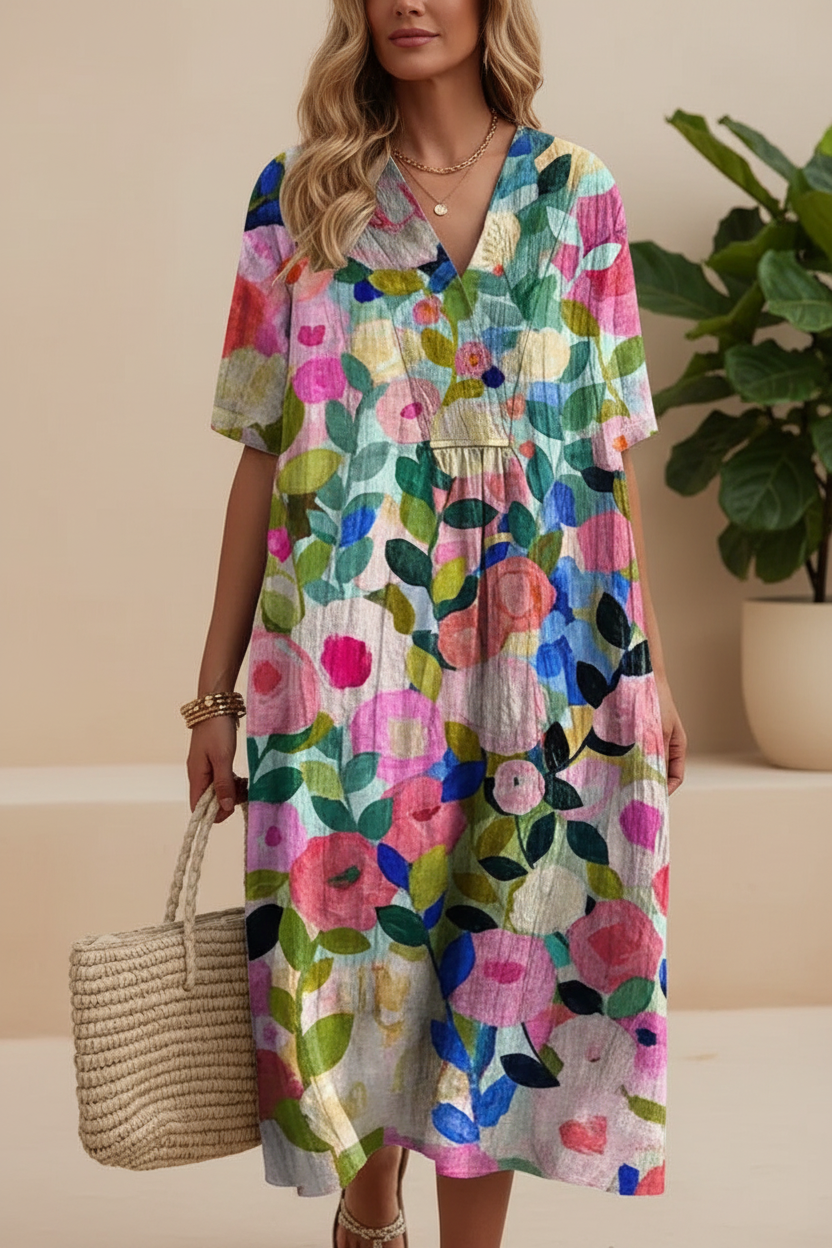 Editorial front view of vibrant multicolour abstract floral maxi dress