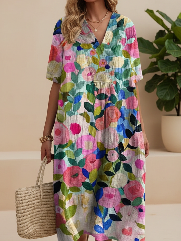 SAIDE™ | S201 DRESS - PRINT V-NECK SHORT SLEEVE LOOSE A-LINE MIDI DRESS