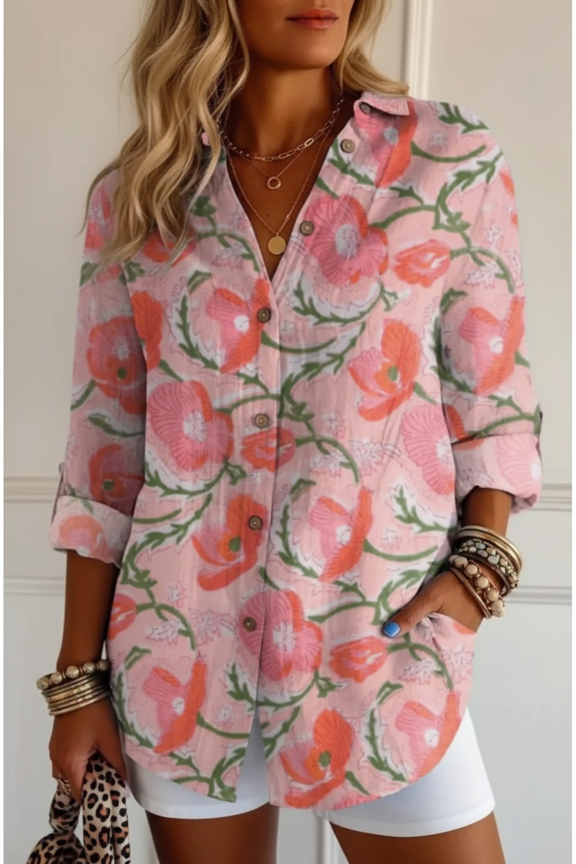 Editorial front view pink poppy shirt