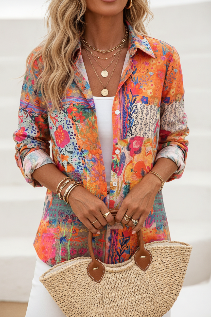 Editorial front view upper body of vibrant floral patchwork shirt