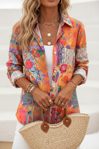Editorial front view upper body of vibrant floral patchwork shirt