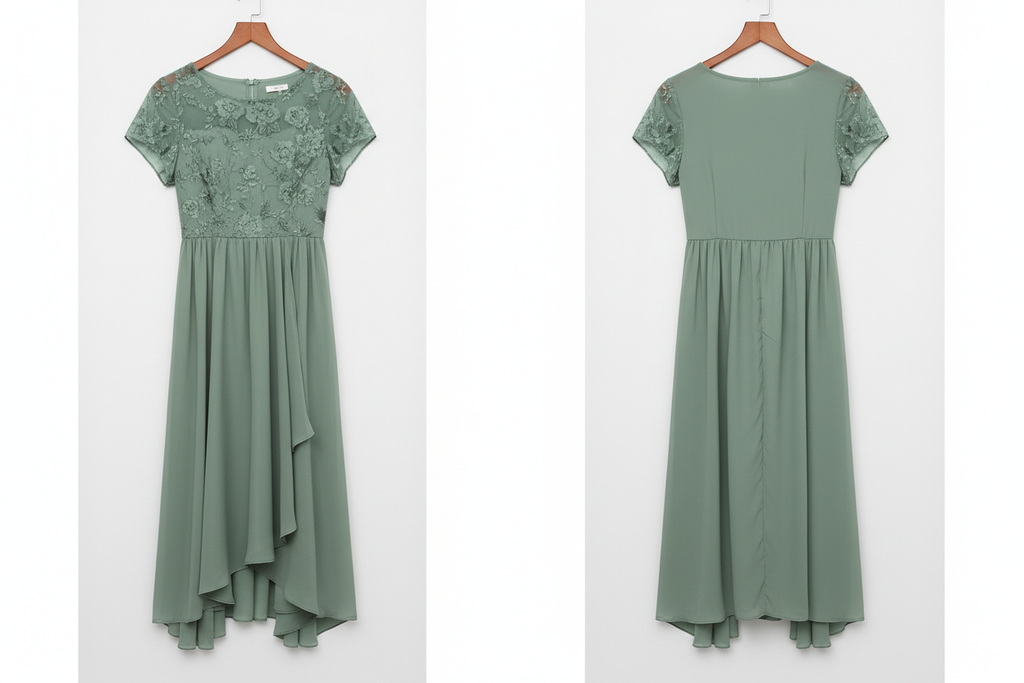 Front and back view - Sage green dress on hangers