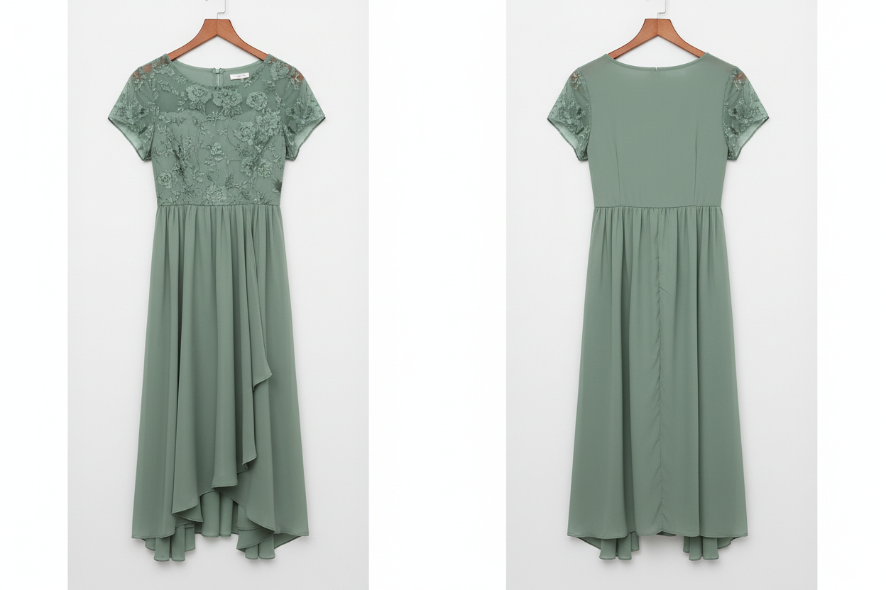 Front and back view - Sage green dress on hangers