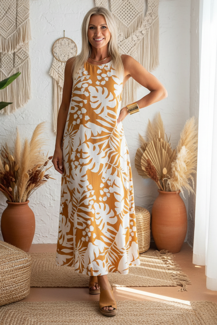 Front view - Beige tropical maxi dress bohemian background