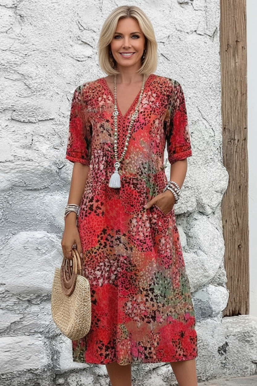 Front view - Coral red leopard print dress