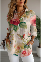 Front view zoomed in focus on watercolour peony shirt