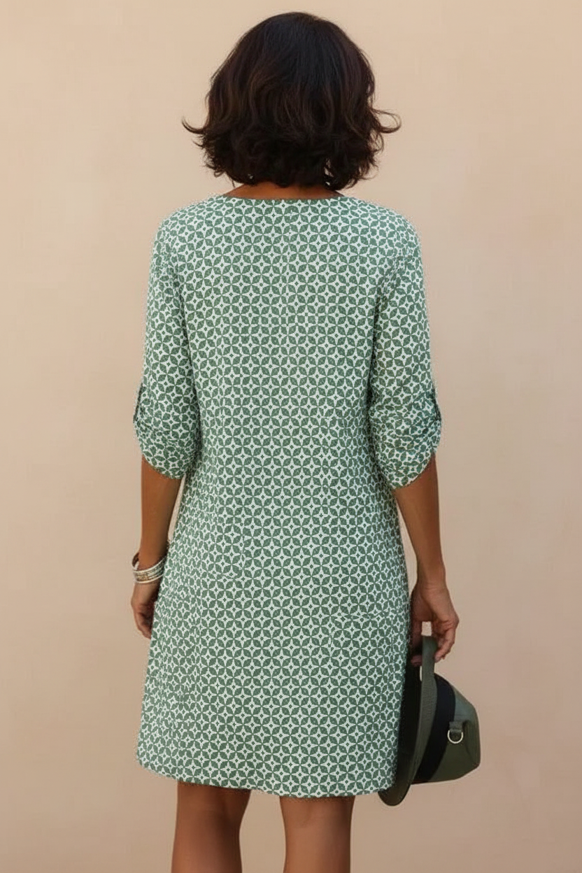 Green Geometric Print Shift Dress – Back View Mid-age Model