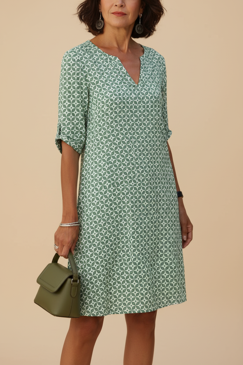 Green Geometric Print Shift Dress – Mid-age Western Model