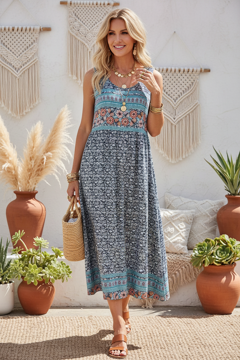 Pose 1 - Blue floral dress bohemian standing