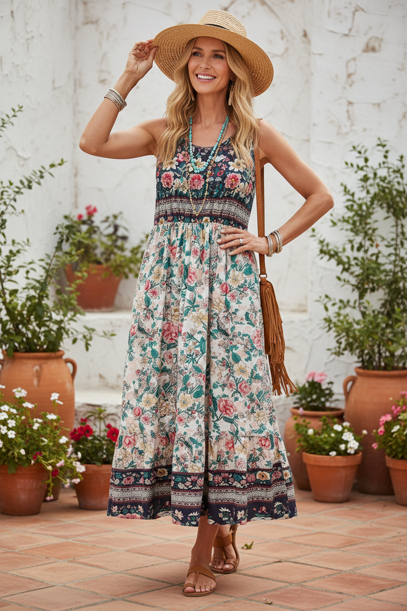 Pose 2 - Mixed floral maxi dress with hat