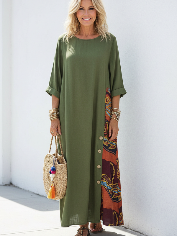 SAIDE™ | S100 DRESS - VINTAGE PRINT PATCHWORK MAXI DRESS BOHO 3/4 SLEEVE
