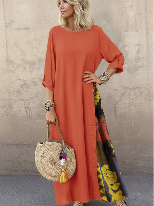 SAIDE™ | S100 DRESS - VINTAGE PRINT PATCHWORK MAXI DRESS BOHO 3/4 SLEEVE