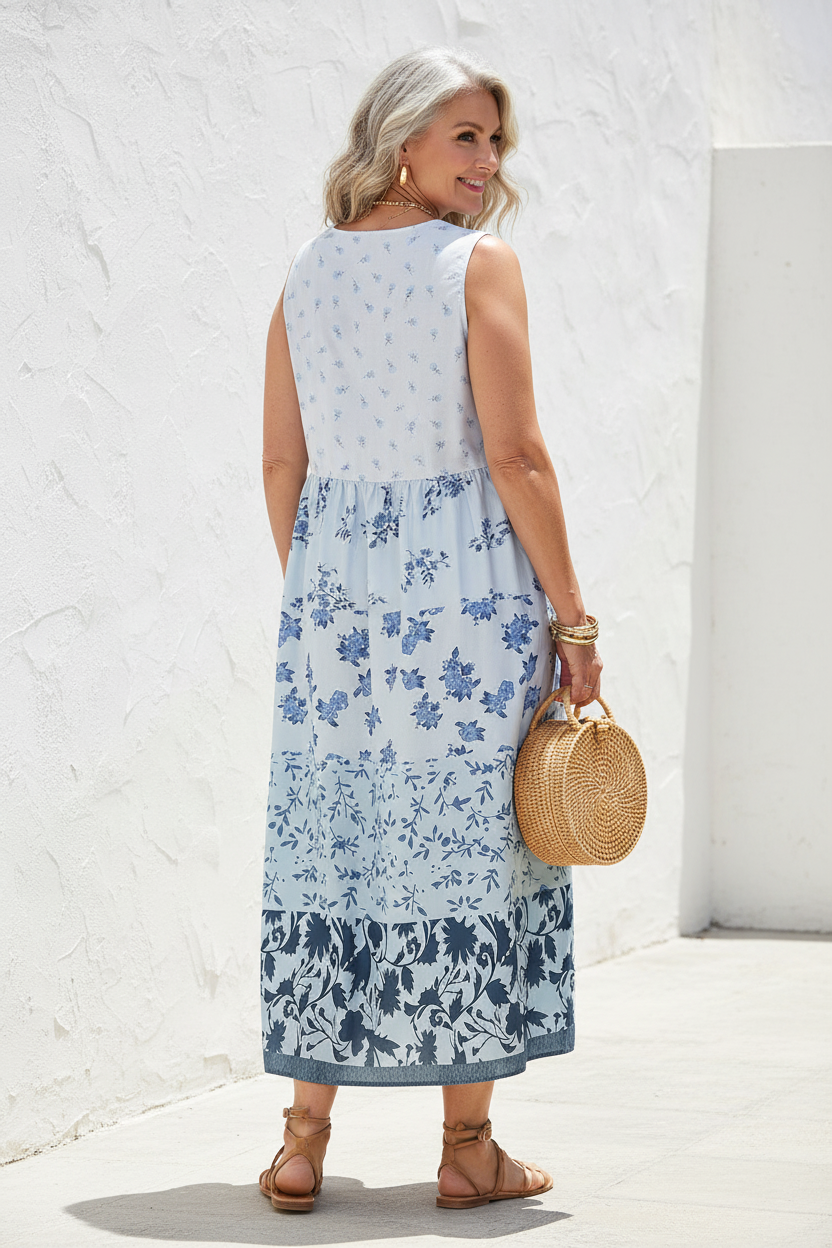 S106 light blue floral dress late 50s back view